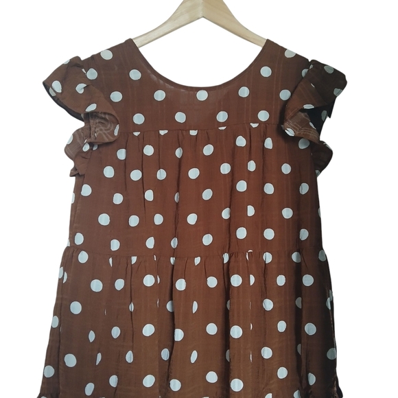 Mine Dress Chocolate Brown and White Flutter Sleeve Mini Sundress Polka Dots - Picture 4 of 12